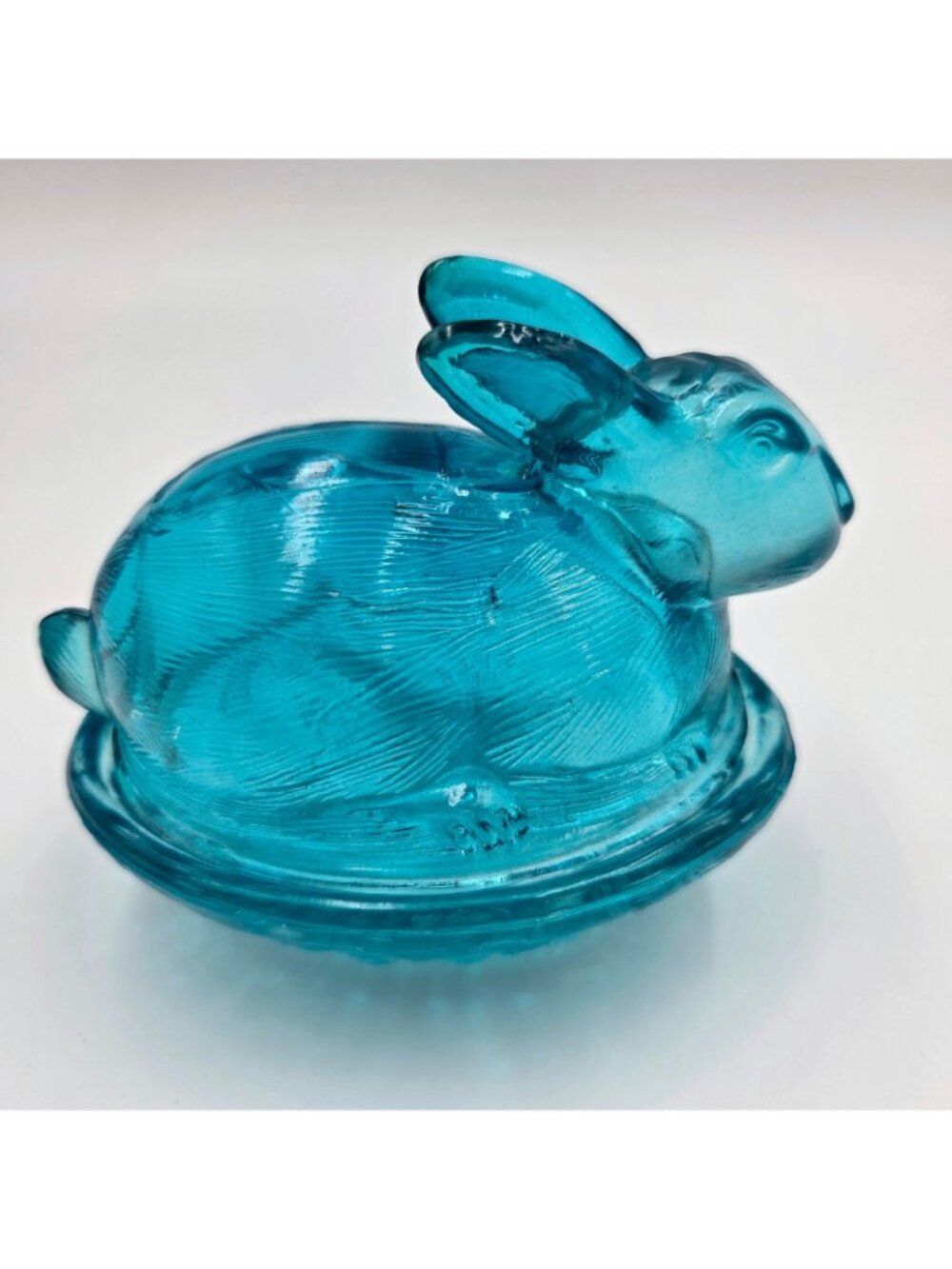 Vintage Blue Glass Bunny Rabbit Basket Weave Nest Covered Candy Dish Easter Read - Picture 6 of 15